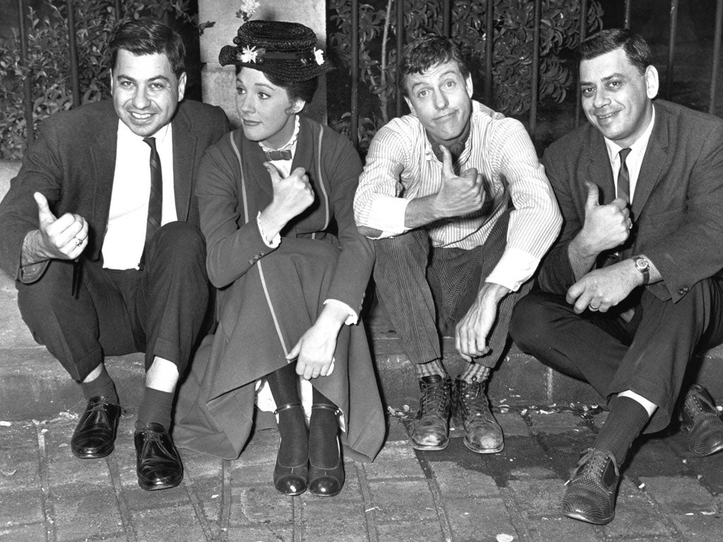 On the set of ‘Mary Poppins’: Sherman, far right, with his brother Richard, Julie Andrews and Dick Van Dyke