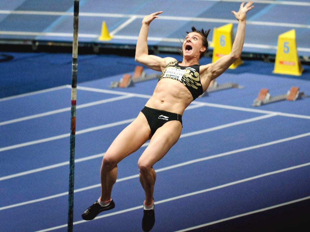 Yelena Isinbayeva celebrates her winning vault in Stockholm
last month