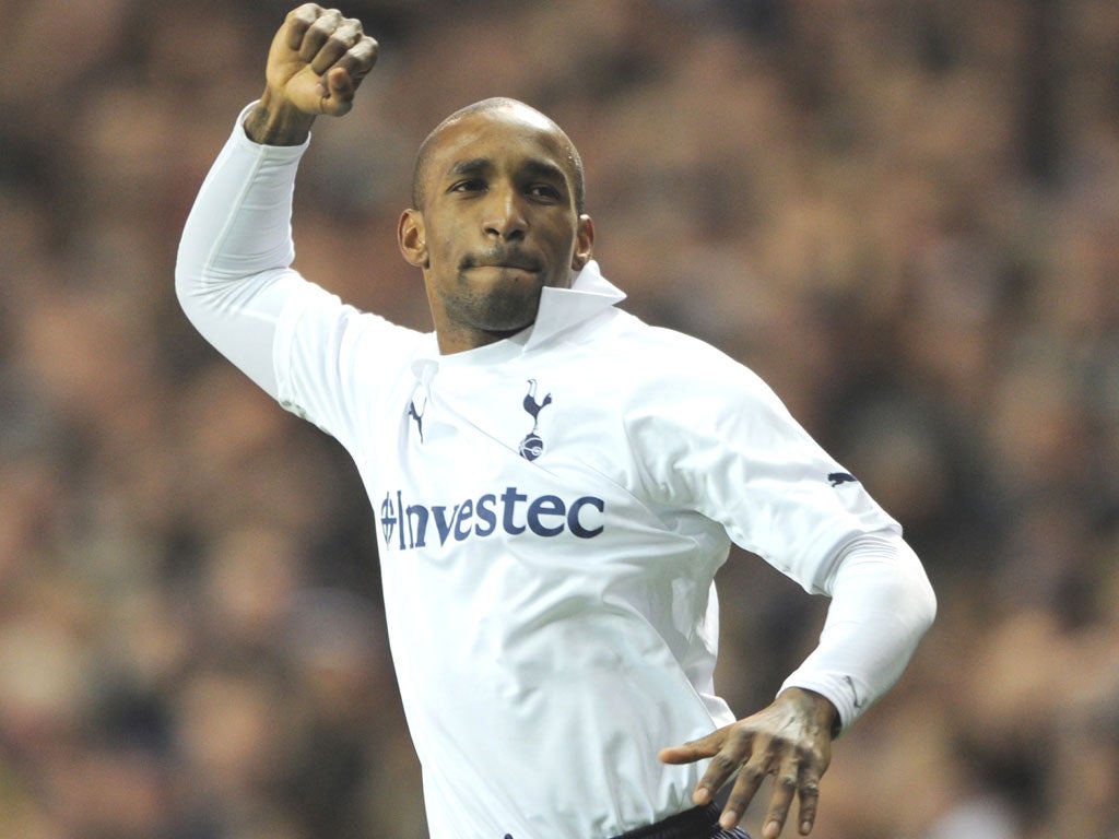 Jermain Defoe celebrates scoring his first goal against Stevenage