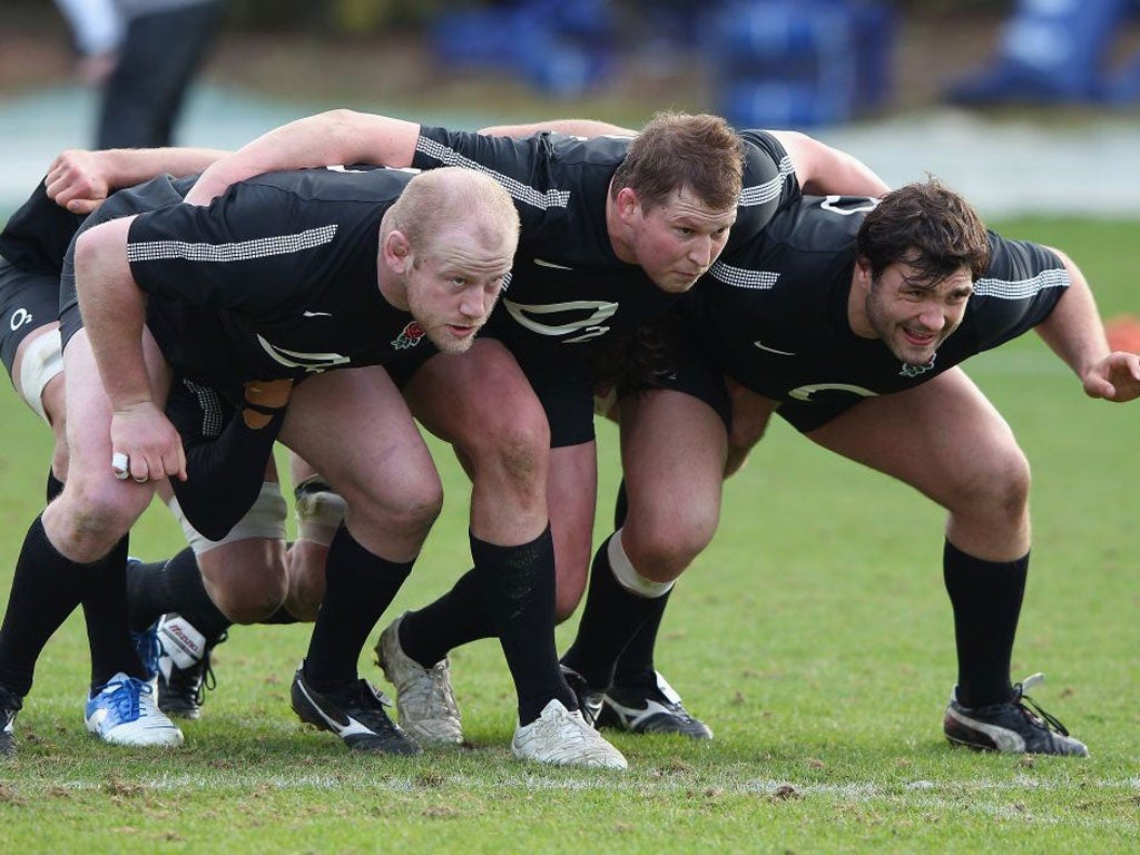 England’s latest front row in training, from left, Dan Cole, Dylan Hartley and Alex Corbisiero