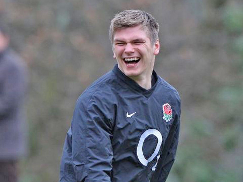 England No 10 Owen Farrell sees the funny side during training yesterday