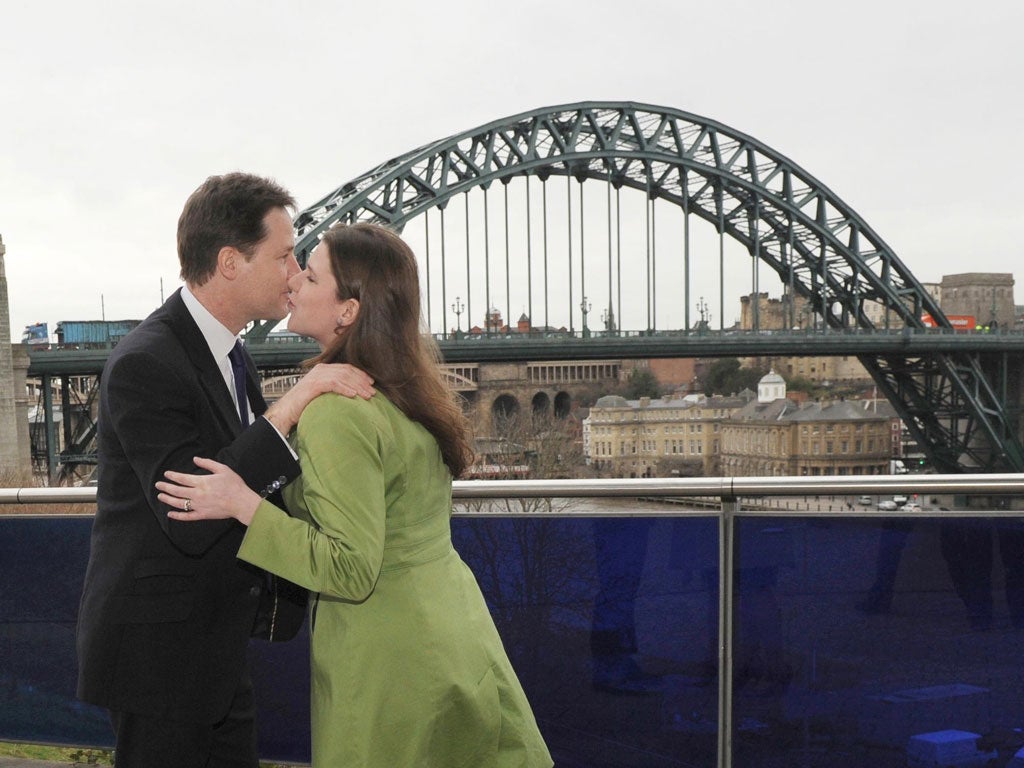 Nick Clegg greets Liberal Democrat MP Jo Swinson yesterday as she arrives at the party’s spring conference at The Sage, Gateshead