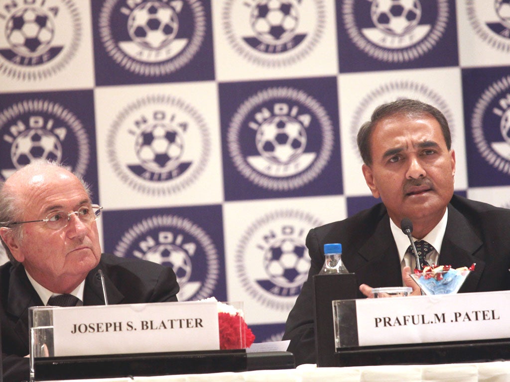 Sepp Blatter joins the All India Football Federation president Praful Patel to announce plans for the new league