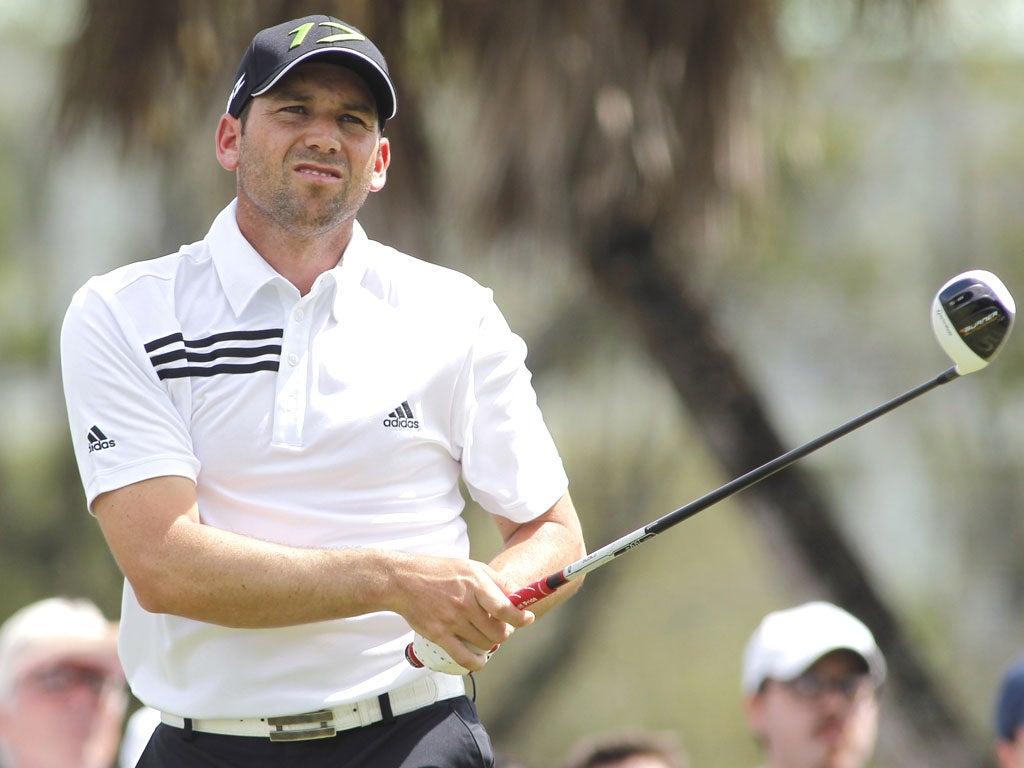 Sergio Garcia tees off on the 14th hole during second round play in the WGC-Cadillac Championship PGA golf tournament in Florida