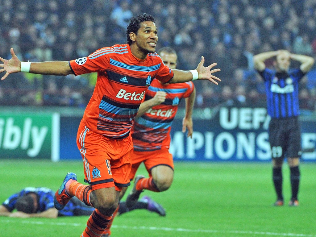 Marseille's Brazilian forward Brandao celebrates his late goal