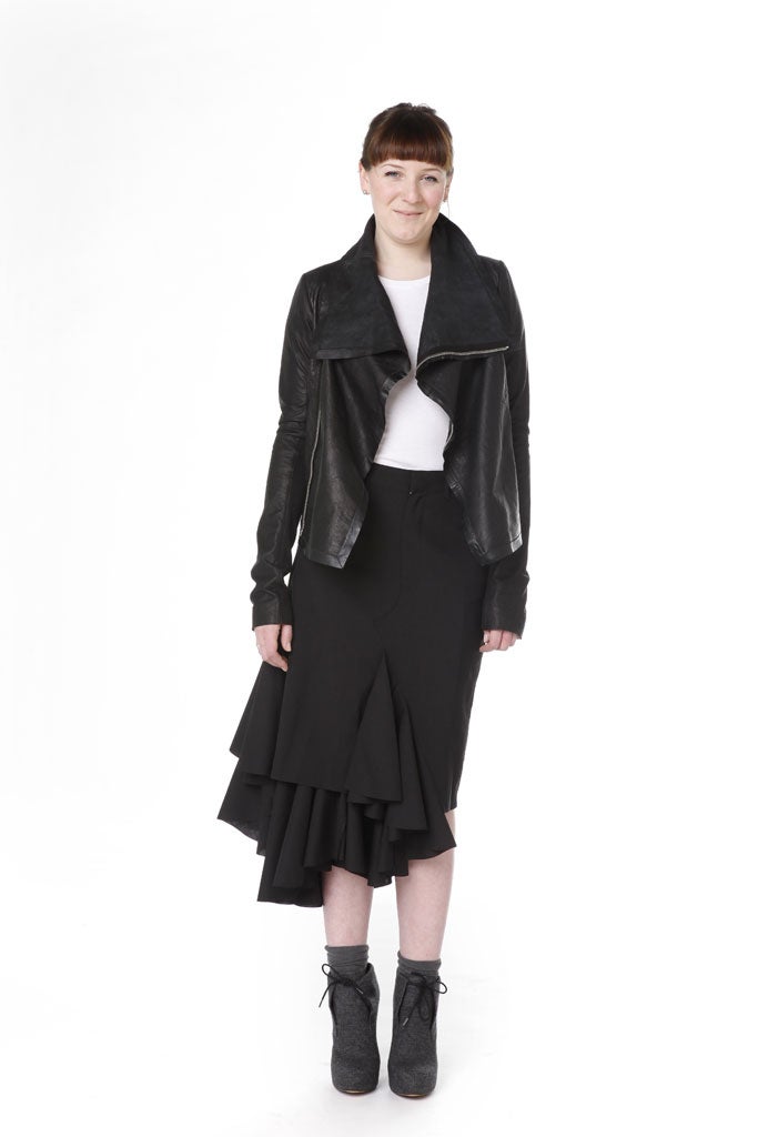Harriet wears: Jacket, £1,485, Rick Owens; skirt, £875, Junya Watanabe, at Selfridges; T-shirt, Velvet by Graham &Spencer, £30; boots, Alexander Wang, £350 ('f
