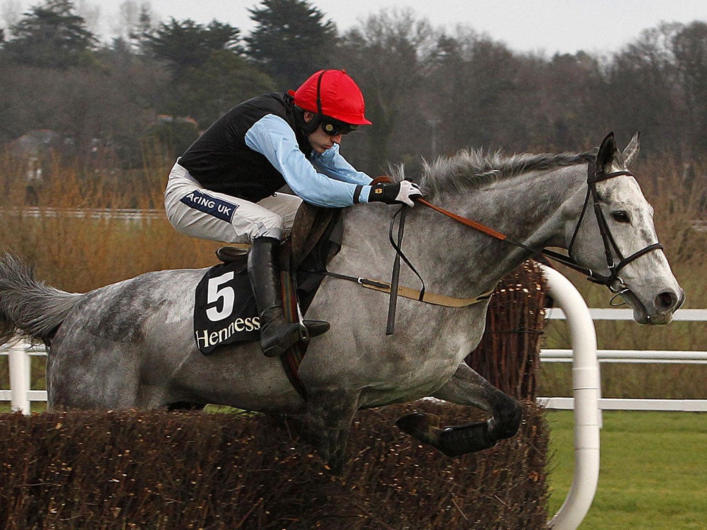 Ruby Walsh and Quel Esprit jump the last to win the Hennessy Gold Cup at Leopardstown