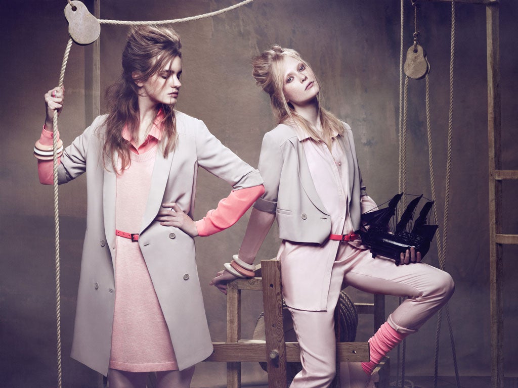 A fashion fairy tale: (left) blouse £35, dress £35, blazer £65, belt £10; (right) cropped blazer £45, blouse £35, trousers £35