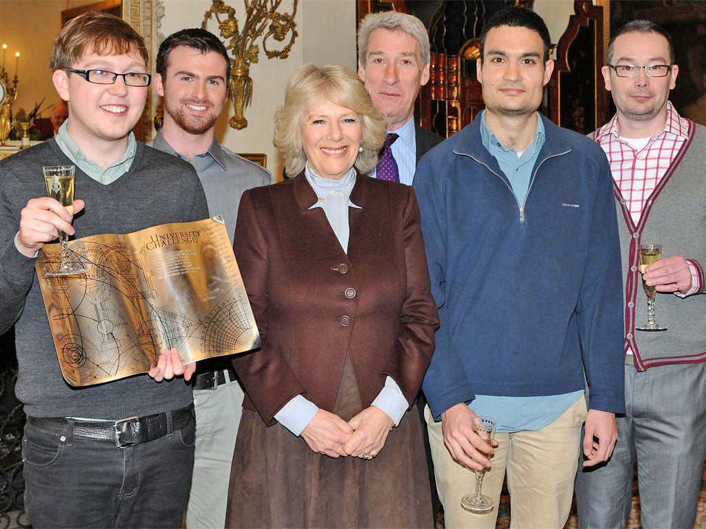 Duchess of Cornwall and Jeremy Paxman with the University
of Manchester team, who are (from left to right); Tristan Burke (captain), Michael McKenna, Luke Kelly and Paul Joyce