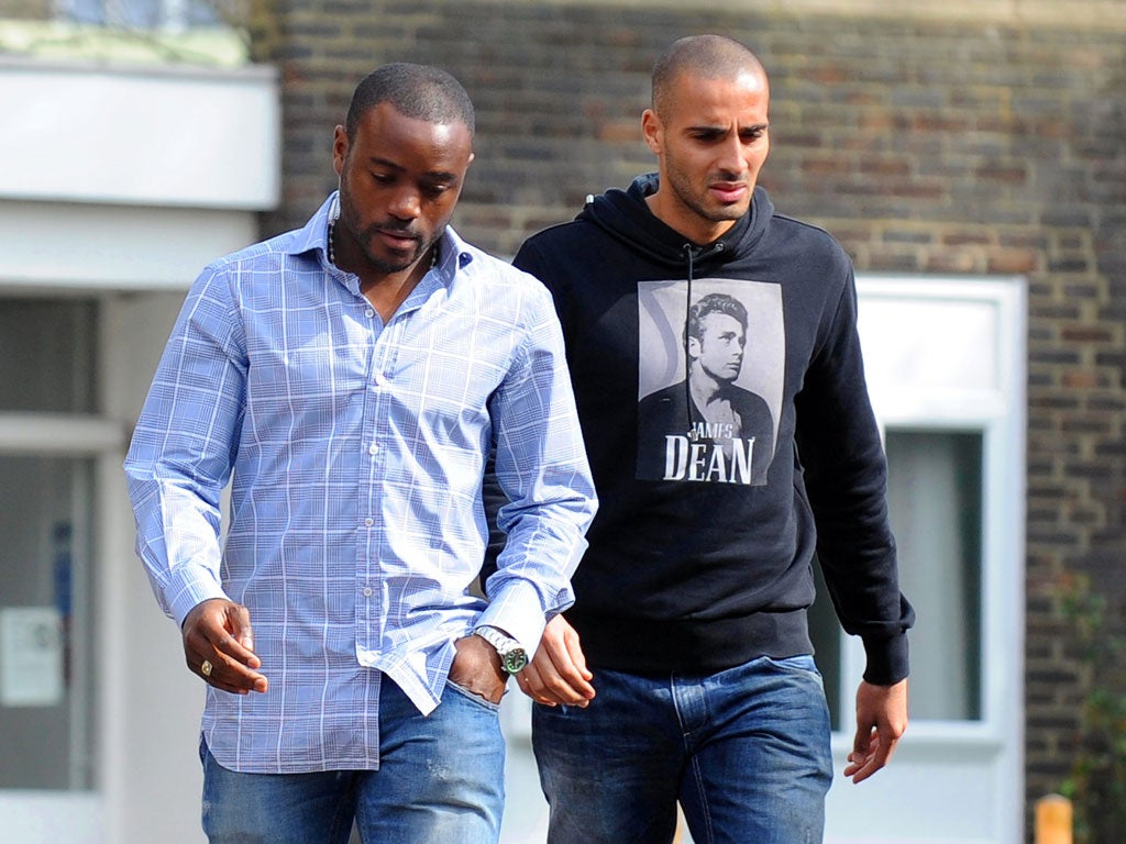 Nigel Reo-Coker (left) and Darren Pratley visit Fabrice Muamba