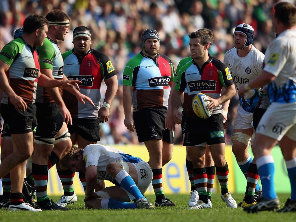 Just a Mo: The controversial Mo Fa'asavalu celebrates his try against Bath in a fractious display at The Stoop