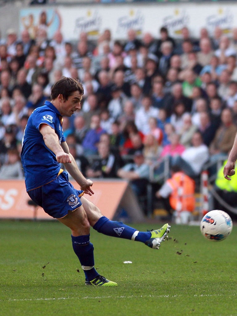 First strike: Leighton Baines scores Everton's opening goal from a free-kick