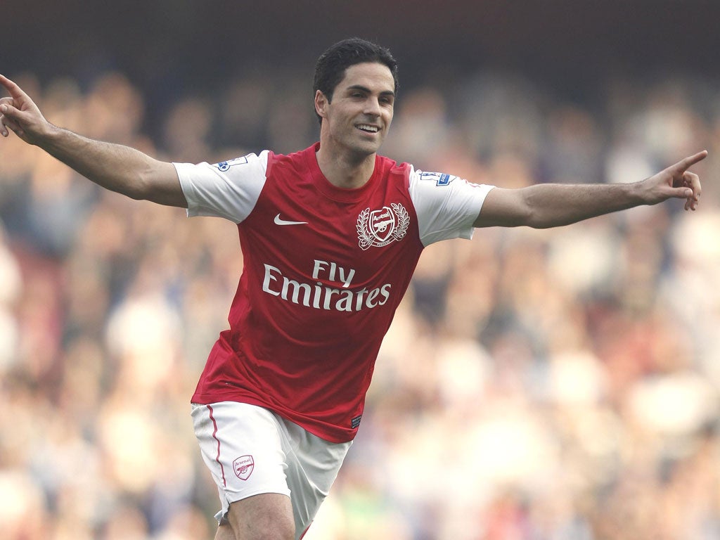 Arsenal’s Mikel Arteta celebrates scoring against Aston Villa