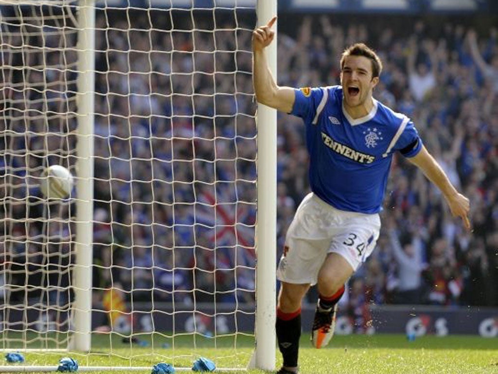 Rangers’ Andy Little celebrates his goal against Celtic