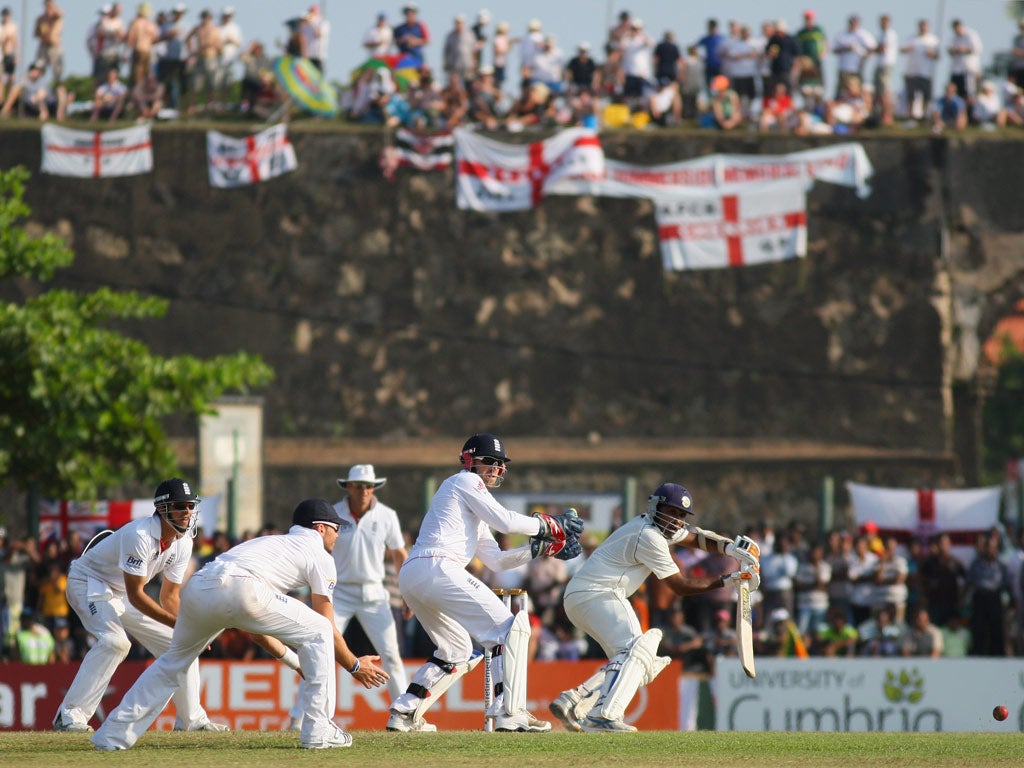 Mahela Jayawardene of Sri Lanka runs the ball down to third man
