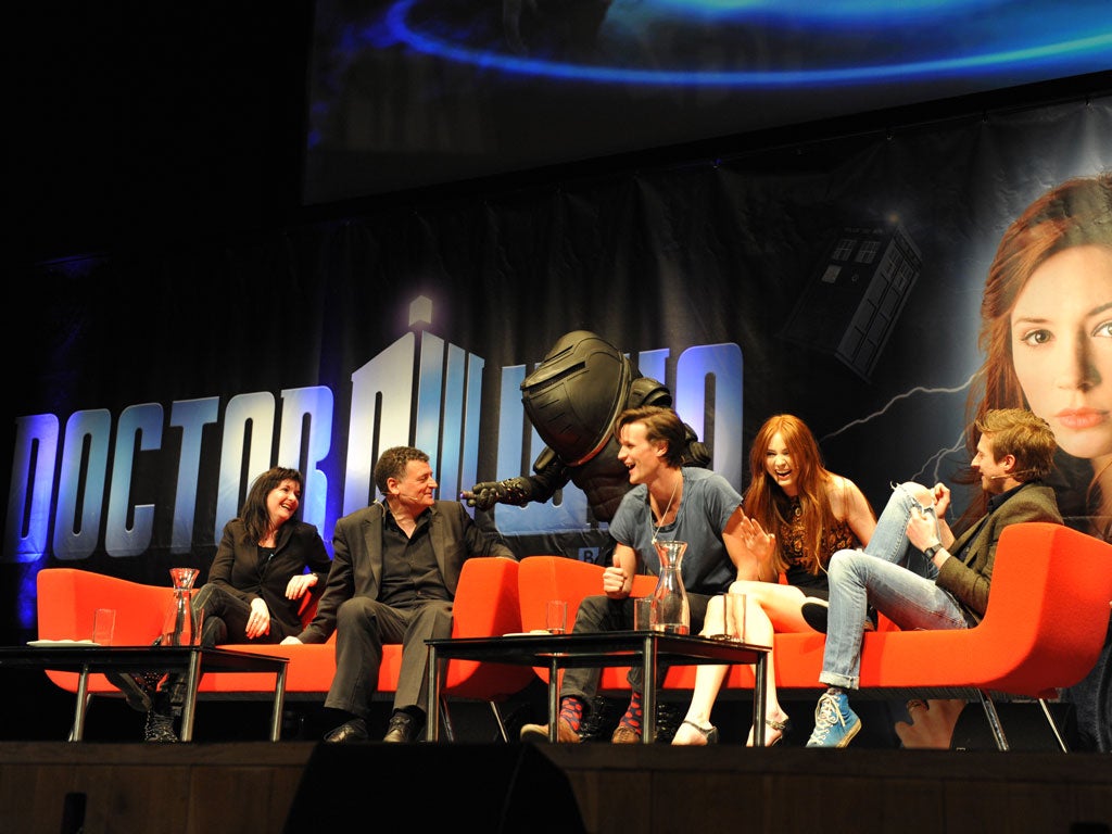 From left to right: Executive Producer Caroline Skinner, Showrunner Steven Moffat, actors Matt Smith, Karen Gillan and Arthur Darvill