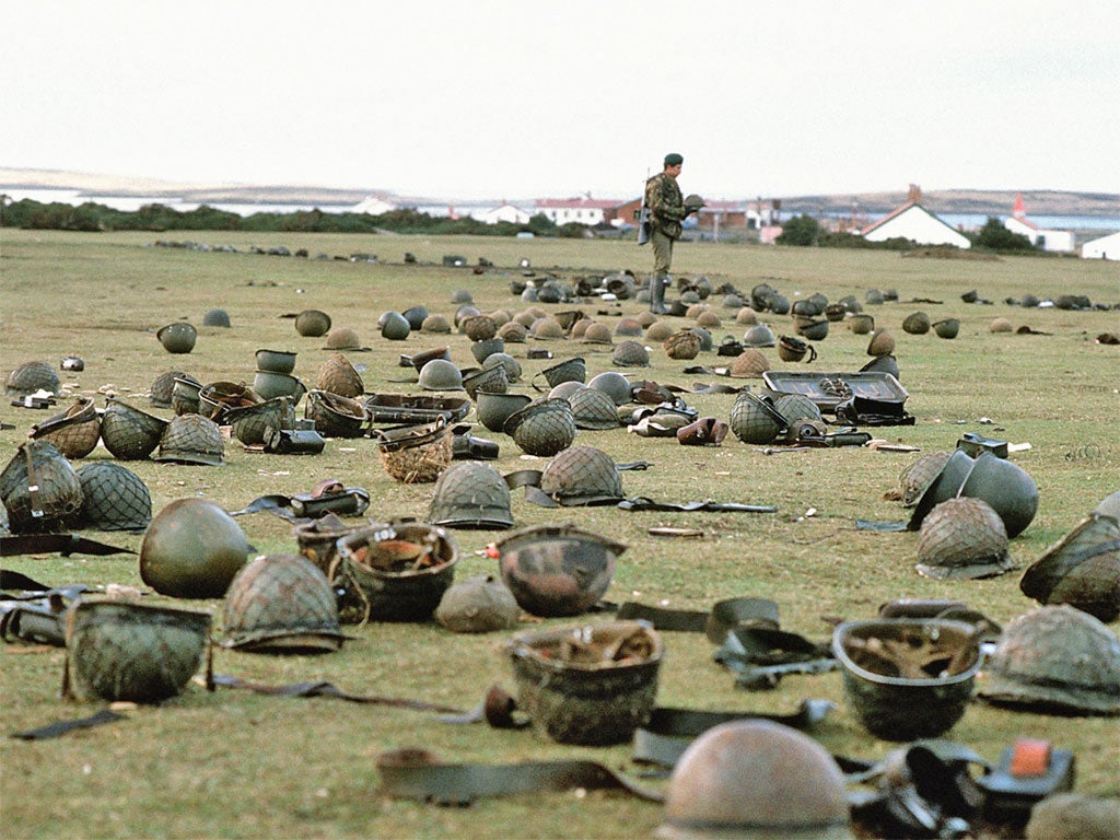 Helmets abandoned by Argentine armed forces who surrendered at Goose Green