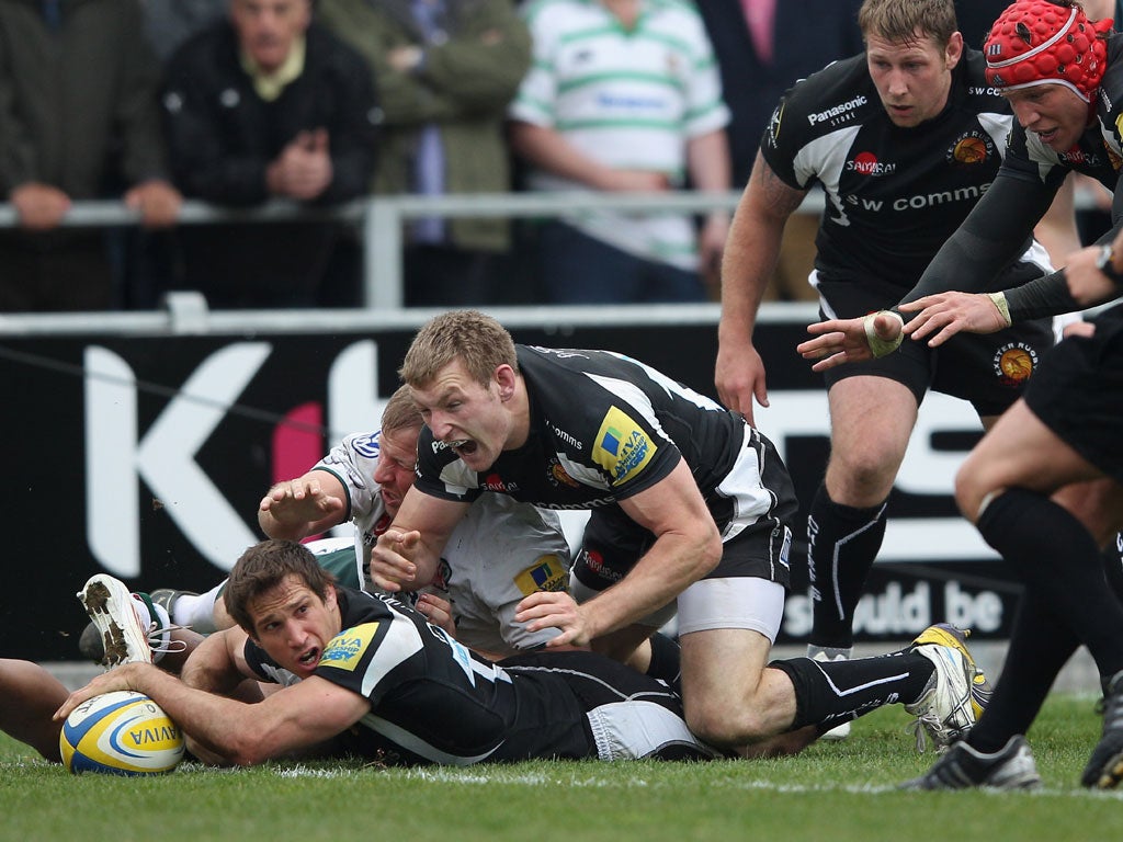 White line fever: Gonzalo Camacho scores for Exeter against London Irish