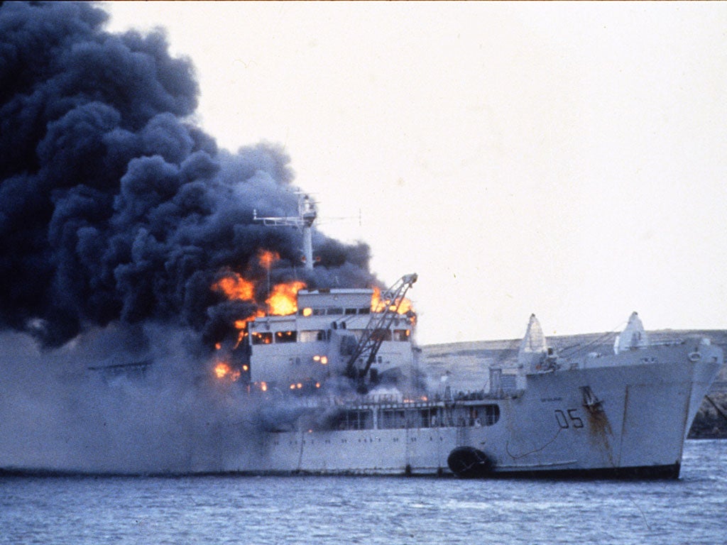 Spike Dunkin's most harrowing experience was picking up survivors from Sir Galahad (pictured), in which 48 died