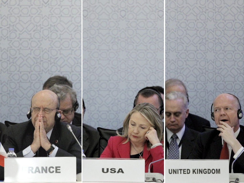 From left: French Foreign Minister Alain Juppe, US Secretary of State Hillary Clinton and British Foreign Secretary William Hague
meet in Istanbul