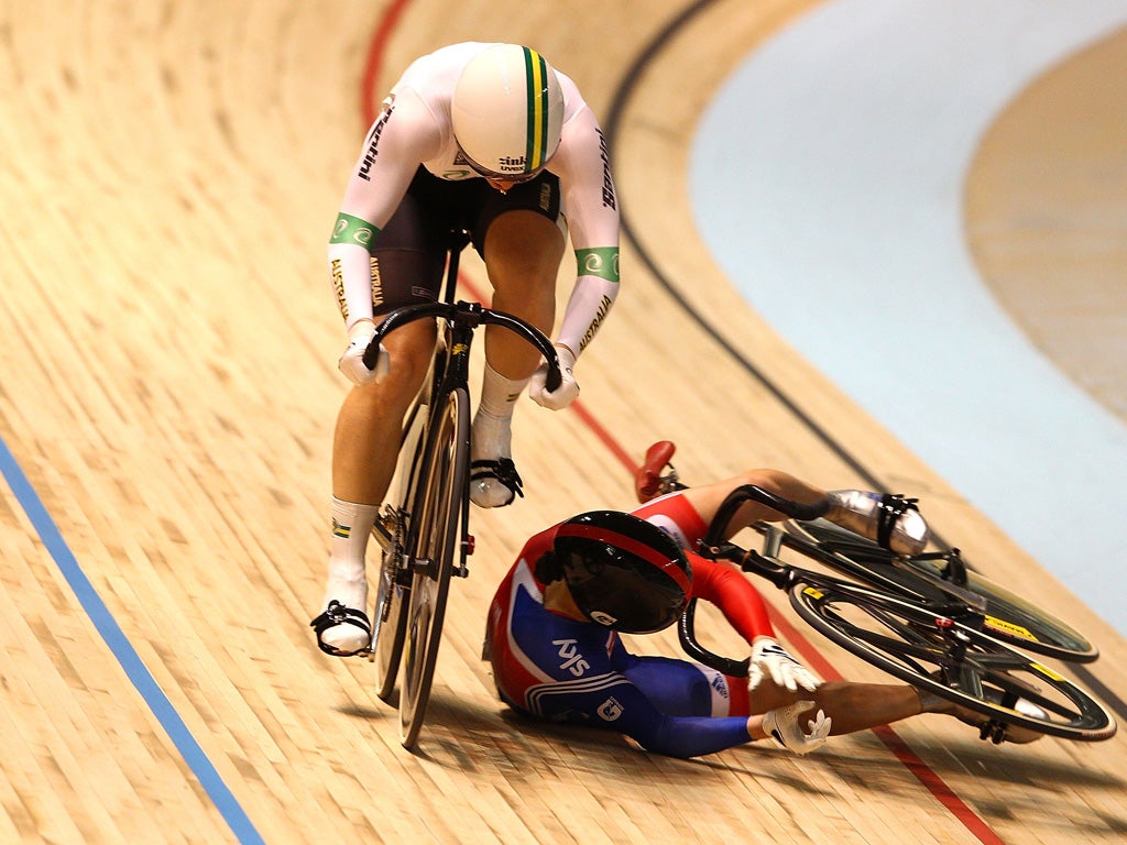 Track burns and bruises for Victoria Pendleton as she crashes out in the first race of yesterday's best-of-three sprint semi-final – but she went on to beat Australia's Anna Meares 2-1