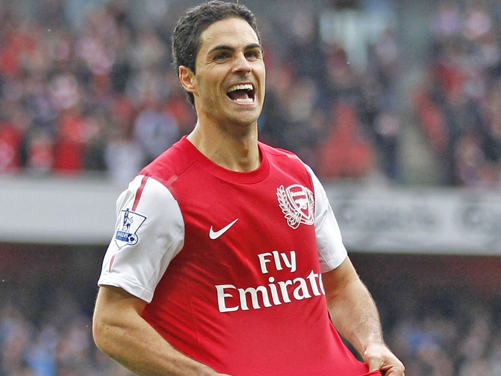 Mikel Arteta celebrates scoring the winner agains Manchester City on Sunday