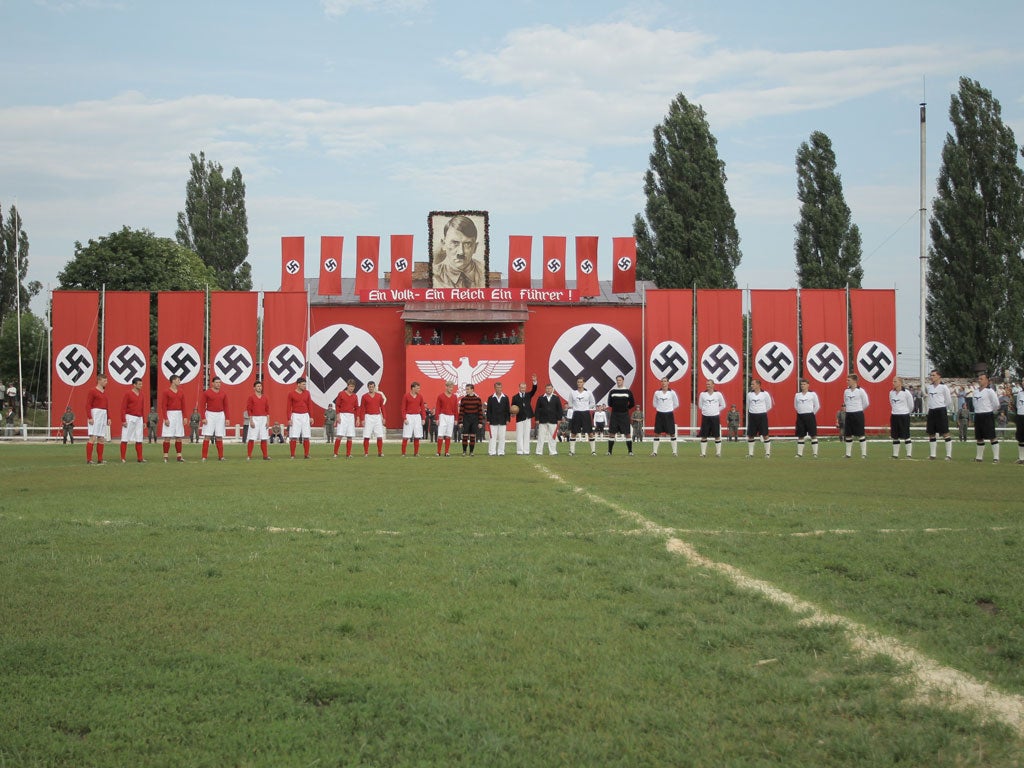 A still from The Match which depicts the 1942 "Death Match" in which top Kiev footballers trounced a team of Nazi occupiers and reportedly paid with their lives