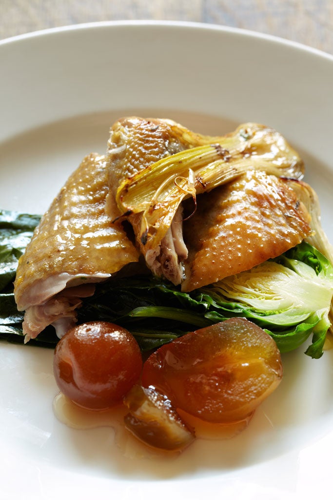 Roast guinea fowl with mustard fruits