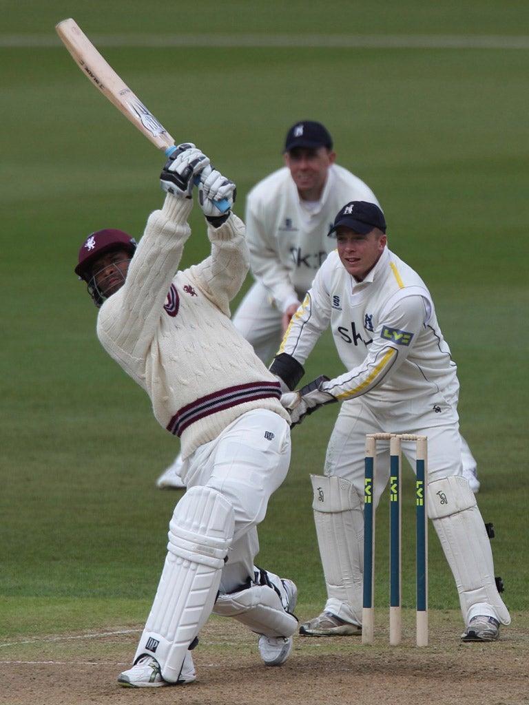 Somerset's Vernon Philander hits a six off Darren Maddy of Warwickshire