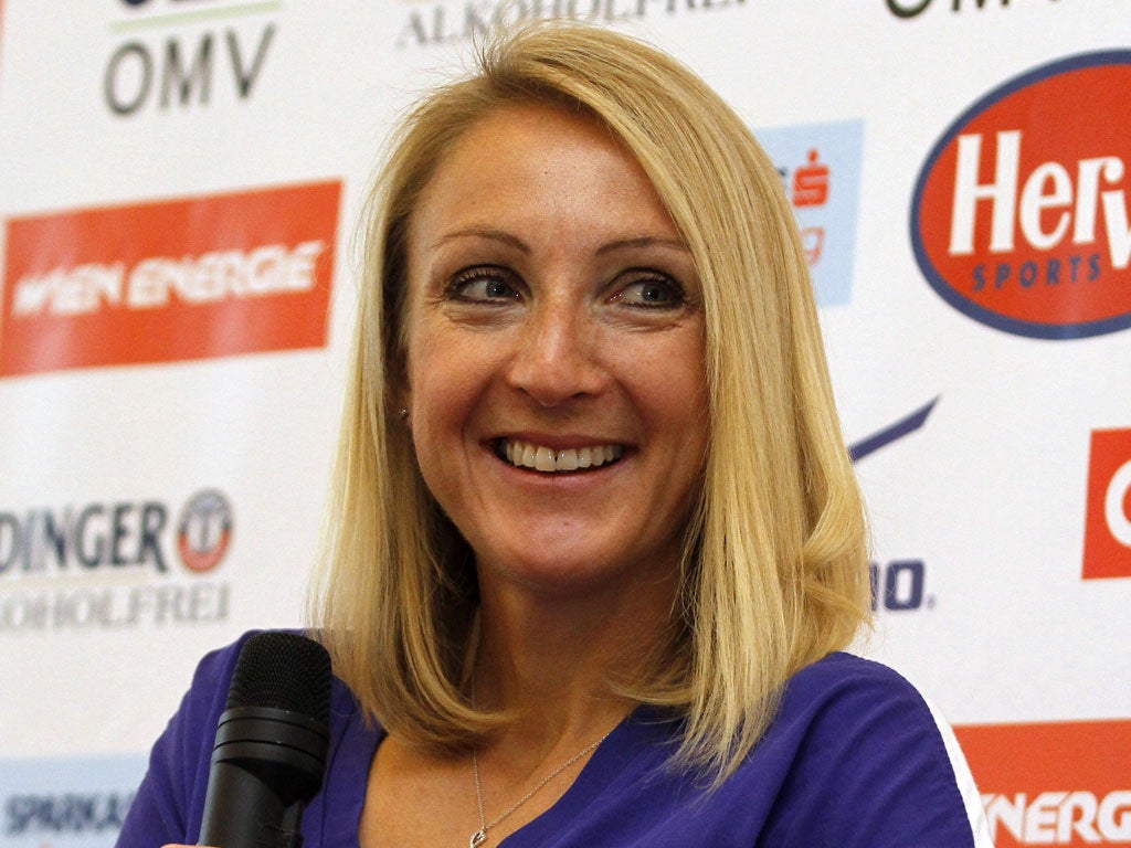 Art of public speaking: Paula Radcliffe enjoys a pre-half-marathon press conference in Vienna