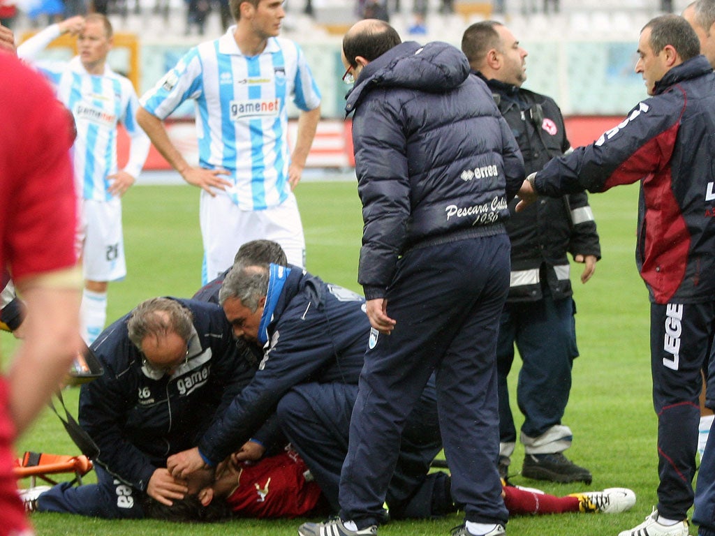 Livorno midfielder Piermario Morosini was treated by medics when he collapsed on the pitch, in a scene that echoes last month's incident with Bolton's Fabrice Muamba