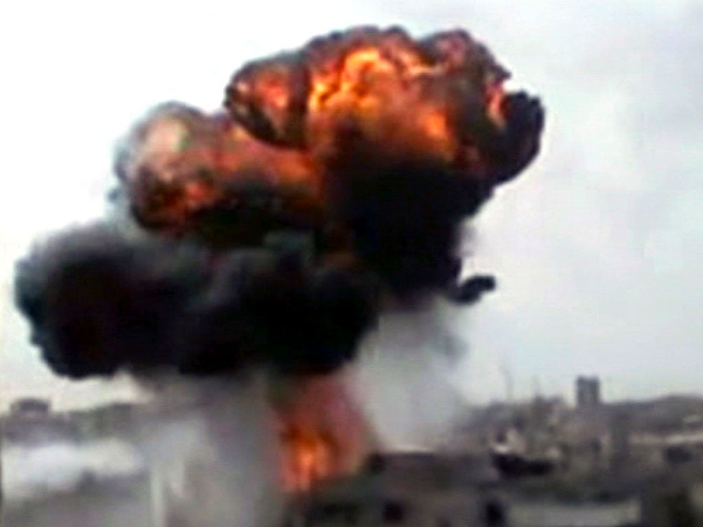 An image purportedly showing shelling in Homs yesterday