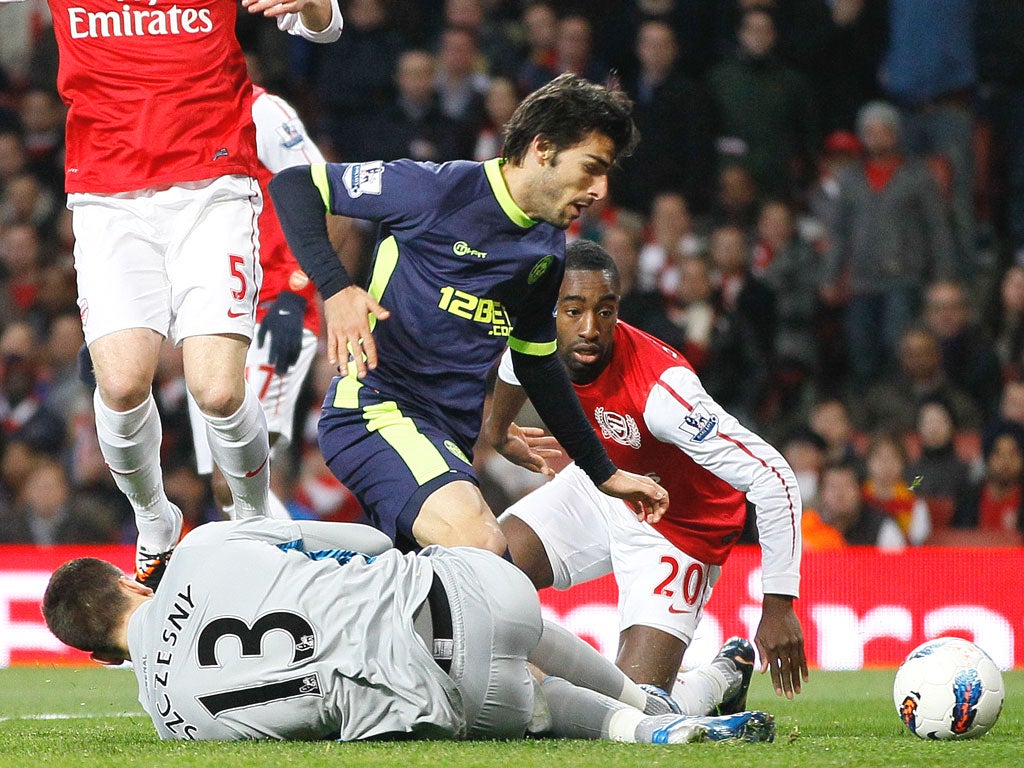 Jordi Gomez puts Wigan 2-0 up against Arsenal at the Emirates last night