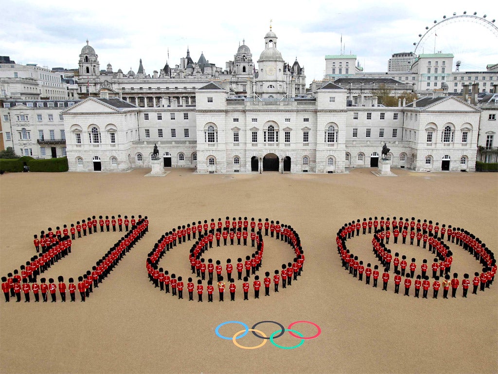 The 100-day countdown is commemorated in Horse Guards Parade yesterday