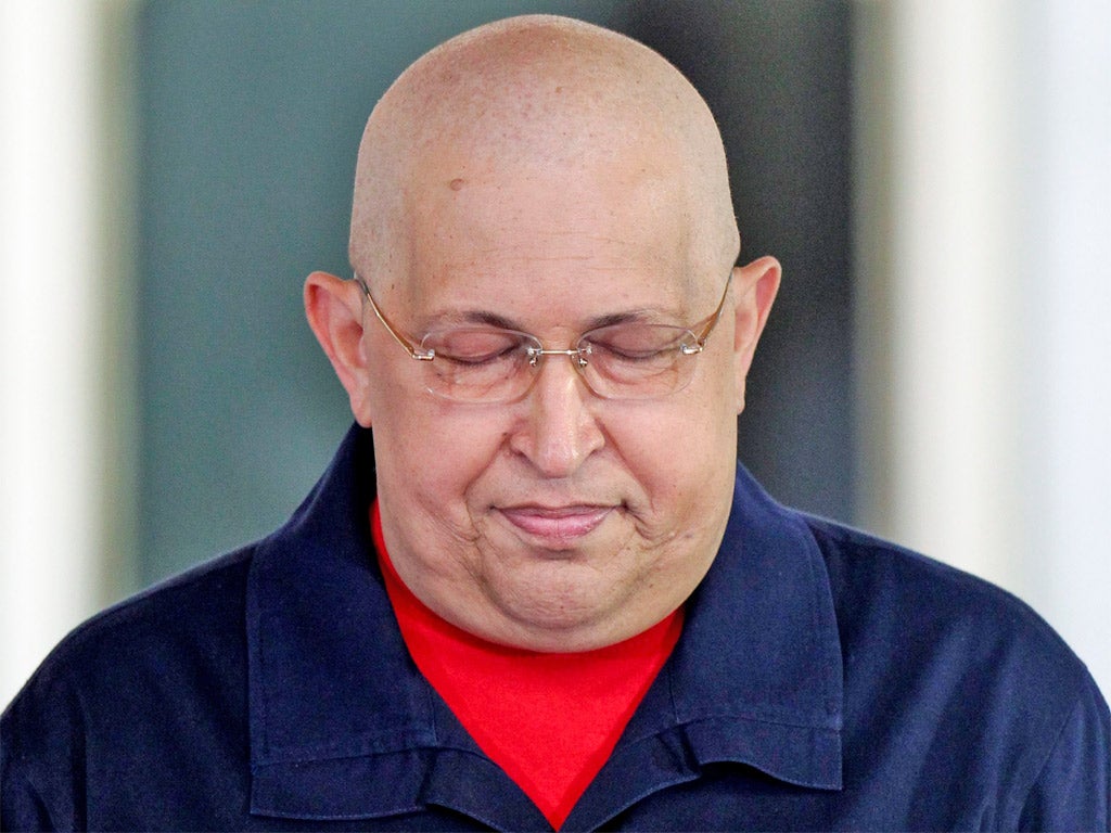 President Hugo Chavez prays for his health at a recent church service in Caracas