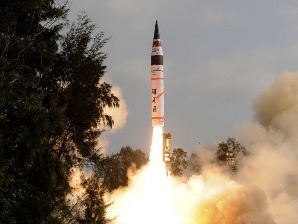 India's Agni-V missile being launched from Wheeler Island off India's east coast