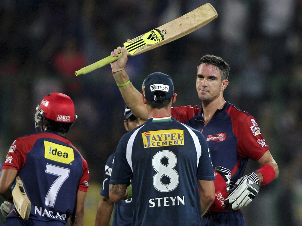 Kevin Pietersen enjoys his superb match-winning century for Delhi