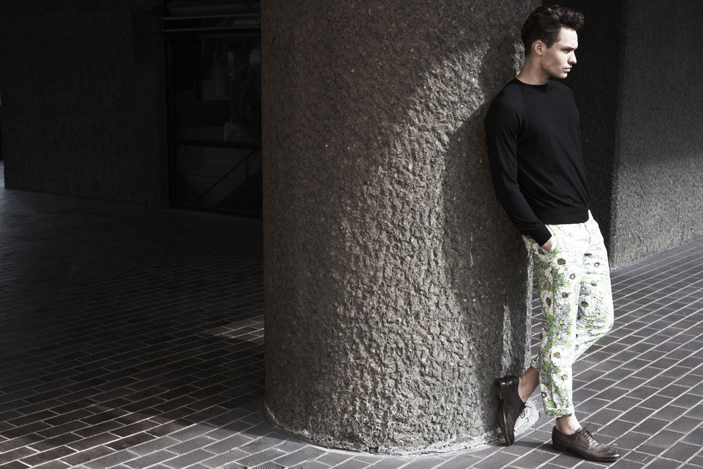 JUMPER, £420, AND TROUSERS, £370, BOTH BY PRADA, PRADA.COM; SHOES, £275, BY PAUL SMITH, PAULSMITH.CO.UK