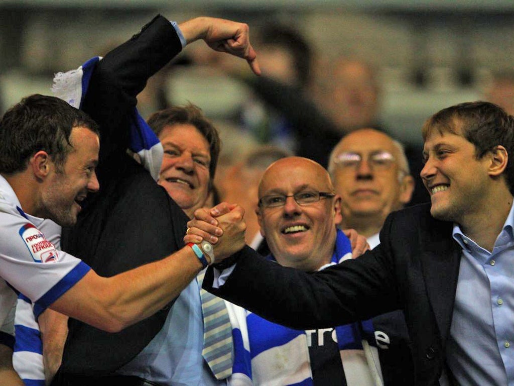 (Left to right:) Reading's Noel Hunt, chairman John Madejski, Brian McDermott and owner Anton Zingarevich