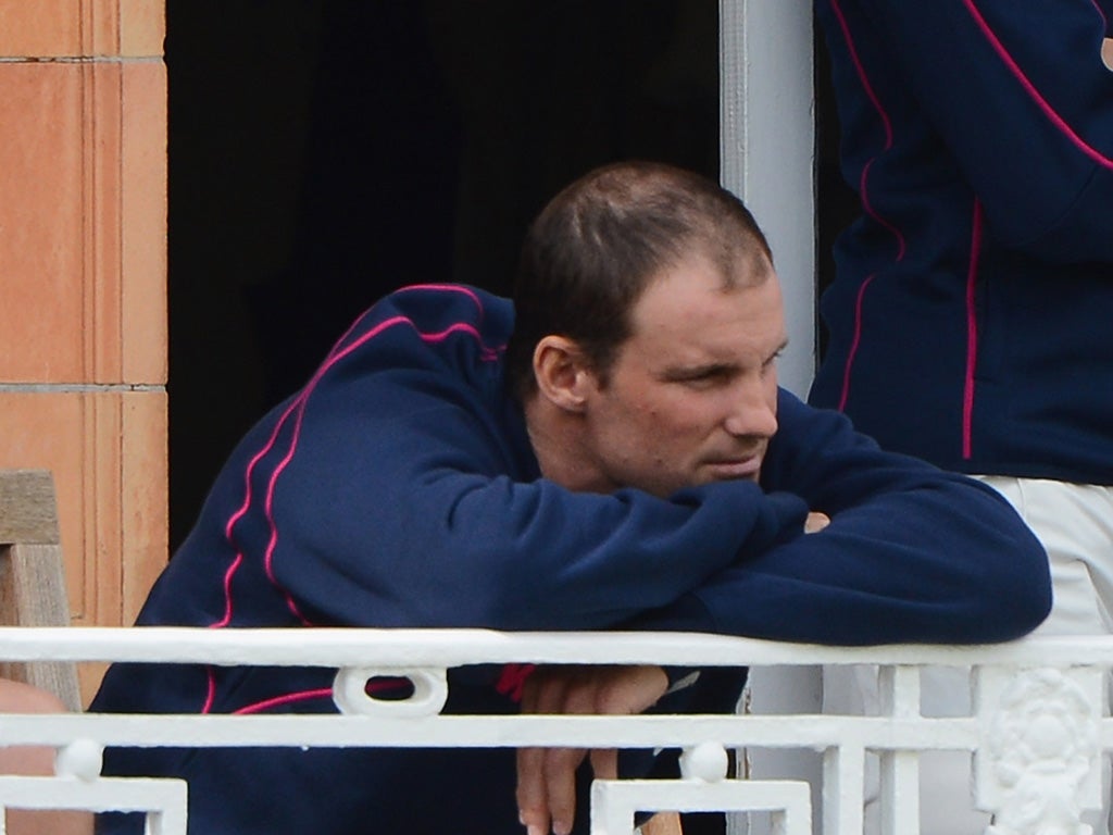 The England captain, Middlesex's Andrew Strauss, was bowled second ball at Lord's, where a hail shower stopped play yesterday