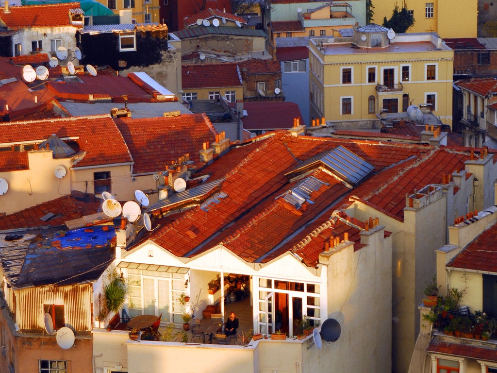 Winter evening sun on Pera - Beyoglu rooftops as seen from the Galata Tower