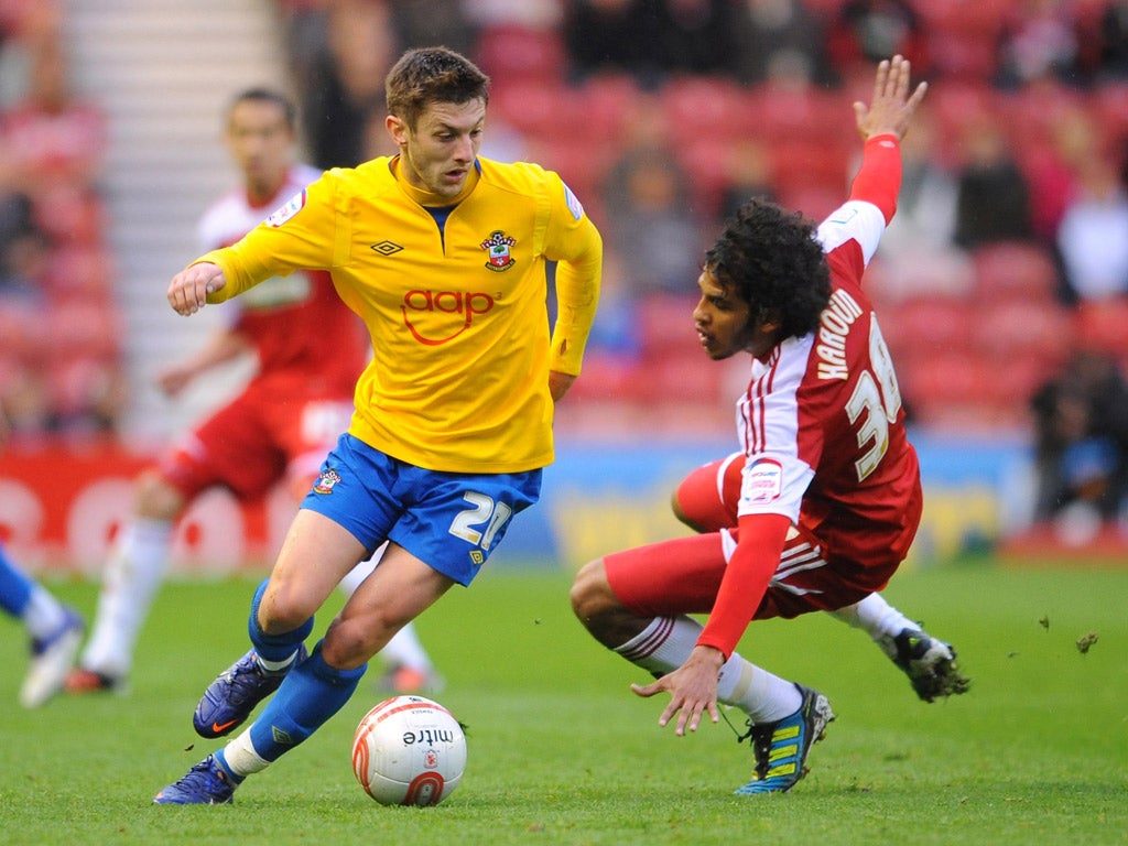 Fall guy: Southampton's Adam Lallana (left) proves too fast for Middlesbrough's Faris Haroun at the Riverside Stadium