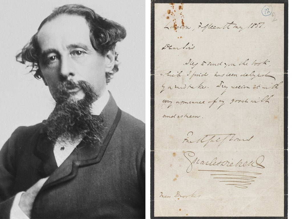 Charles Dickens; the letter of apology that he sent to William Brookes with his prized copy of David Copperfield