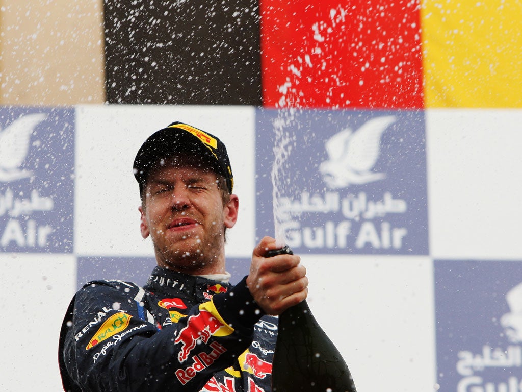 Sebastian Vettel celebrates victory at the Bahrain Grand Prix