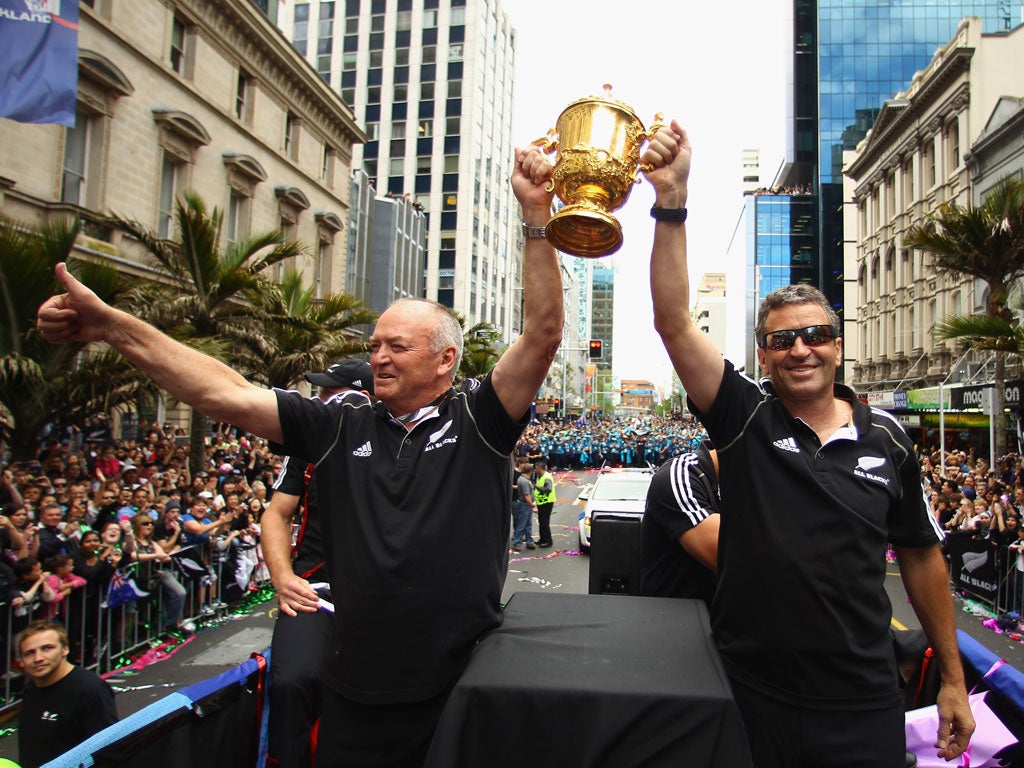 Wayne Smith (right), pictured celebrating New Zealand's World Cup victory, turned England down