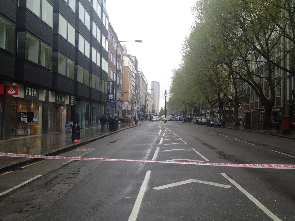 The taped-off area of Tottenham Court Road