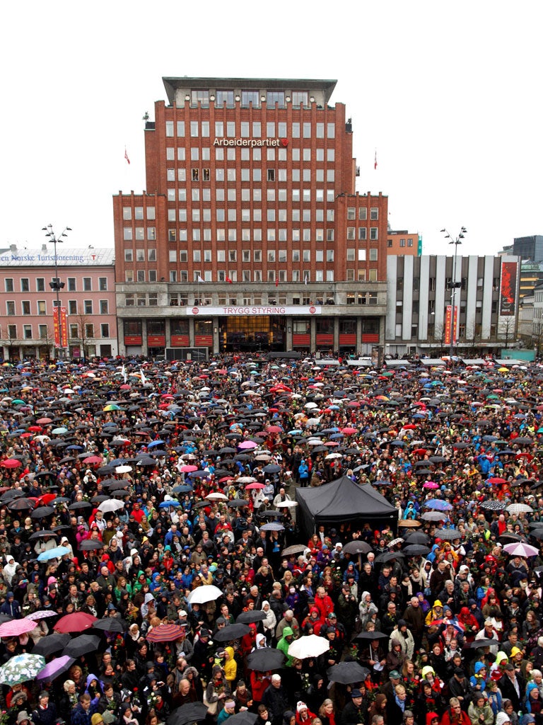 Norwegians singing in Youngstorget Square, Oslo, last week