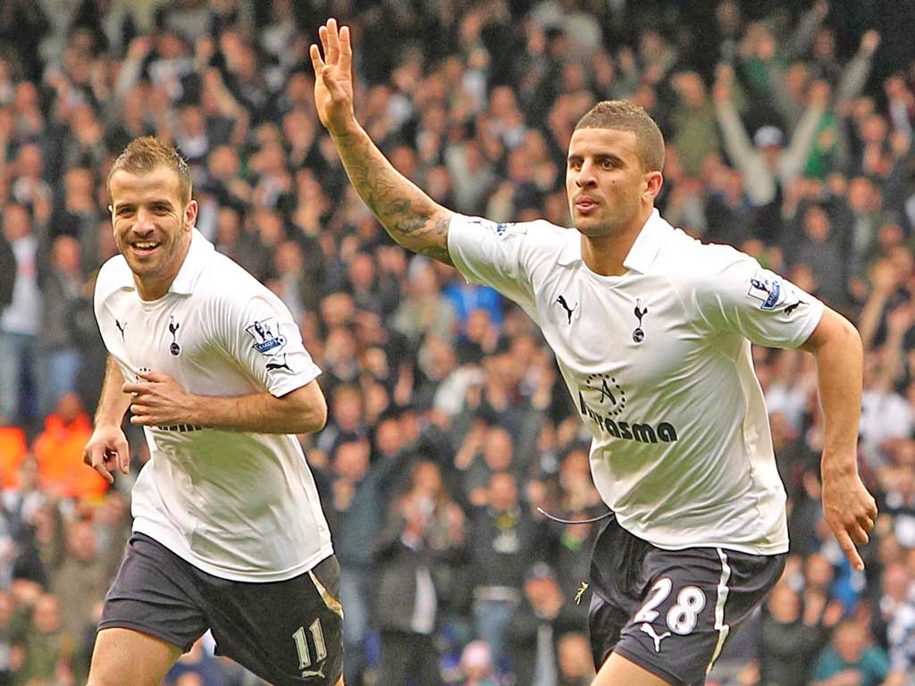 Kyle Walker (right) turns away after scoring Tottenham’s second goal against Blackburn