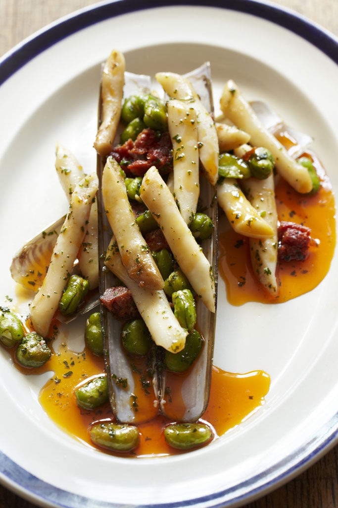 Steamed razor clams with chorizo and broad beans