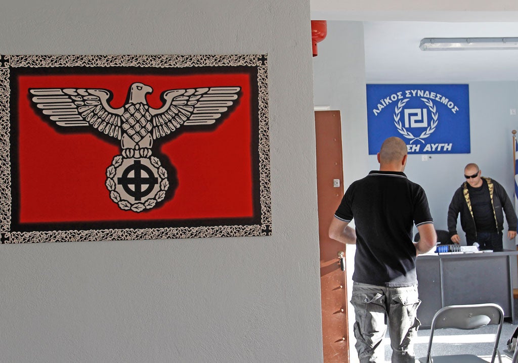 Nazi-style poster at a party office in the suburban town of Artemis